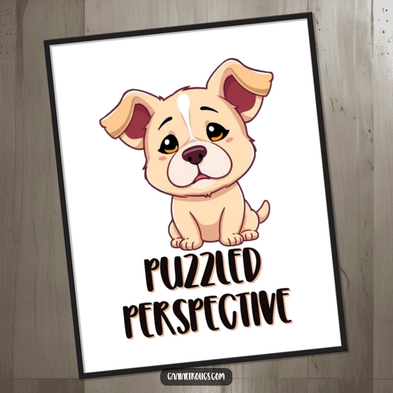 Funny poster art of a dog with dramatically floppy ears and a sweet, questioning look, embodying playful confusion and curiosity.