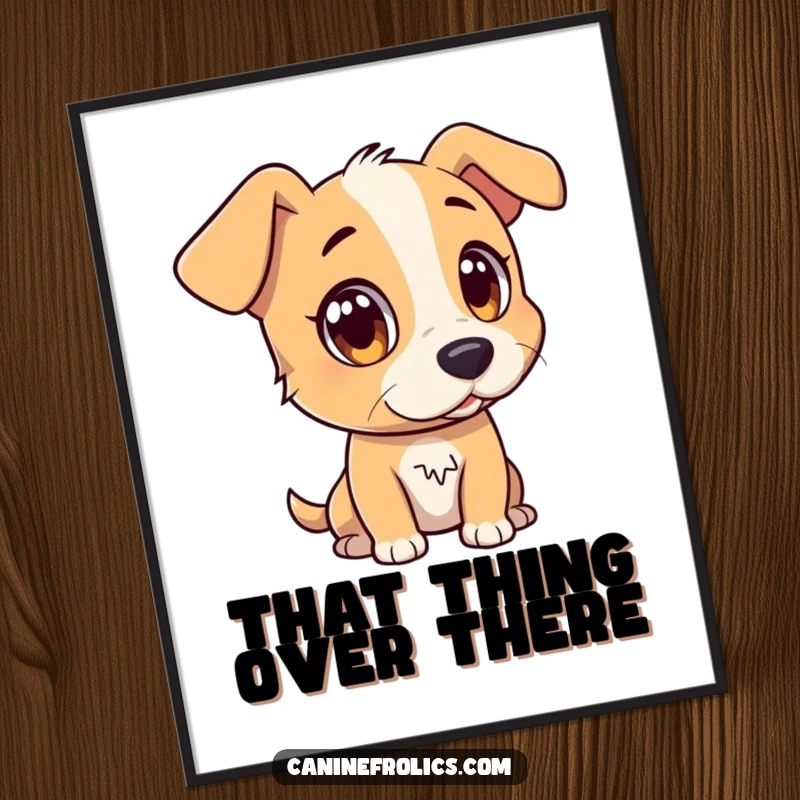 Funny poster of a dog character with wide, attentive eyes, watching a distant, interesting object, conveying intense focus.