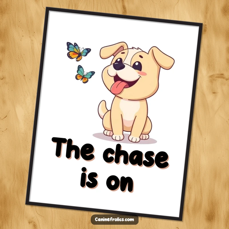 Funny dog poster of a happy dog with its tongue lolling out, enthusiastically chasing a butterfly in a picturesque outdoor setting.