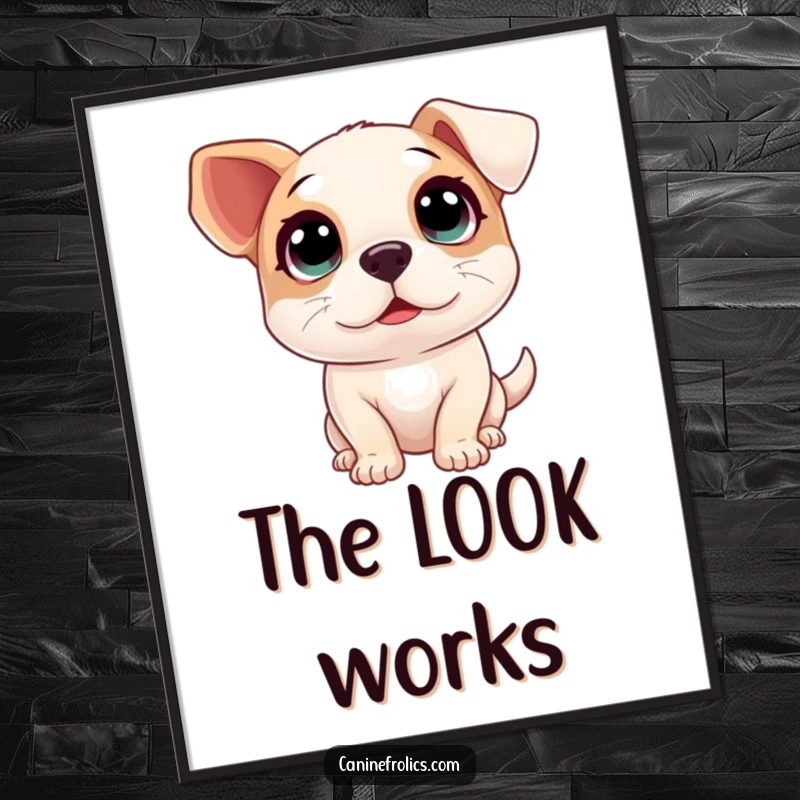 Funny poster art of a dog with big, innocent eyes looking upwards with overwhelming excitement and charm.