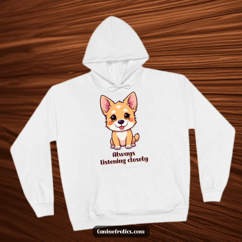 Funny hoodie showing a canine character with ears perked, looking curious and playful, offering cozy warmth and intriguing style.