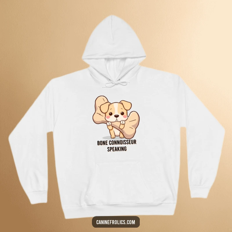 Funny dog hoodie with a character peeking mischievously from behind an oversized bone, offering warmth and a touch of playful secrecy.