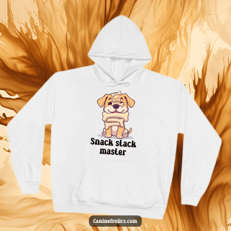 Funny hoodie with a dog humorously balancing a stack of bones on its nose, embodying focus and silliness.