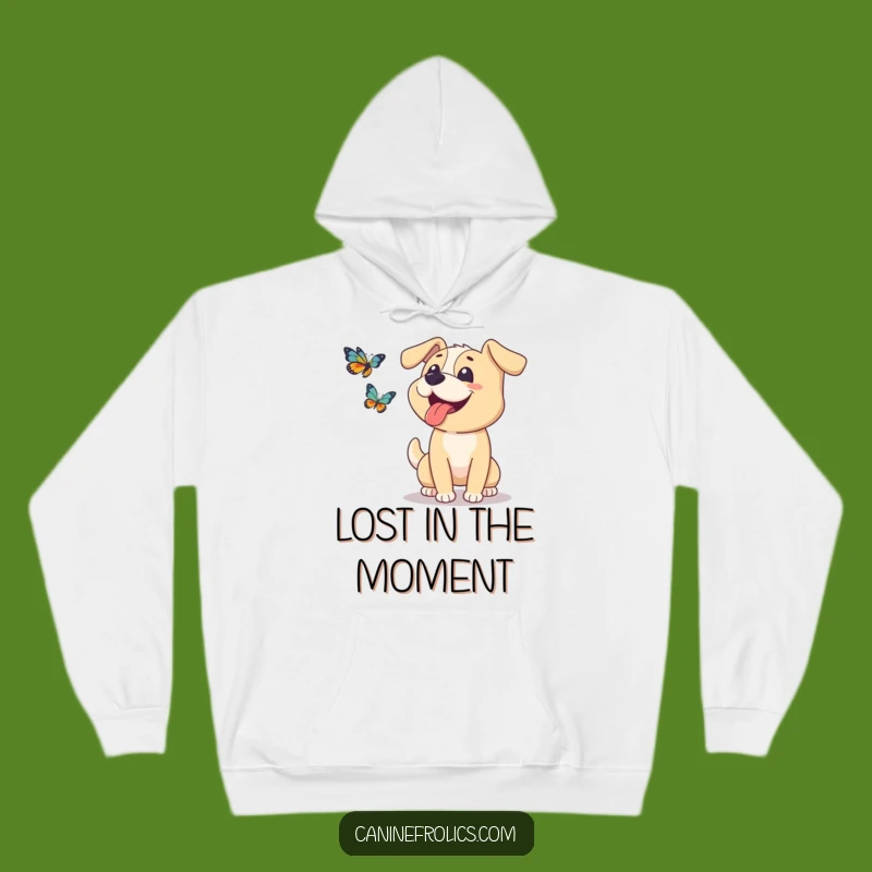 Cozy Funny Dog Hoodie: Tongue Out Pup Chasing Butterfly, Warm Laughs Gift