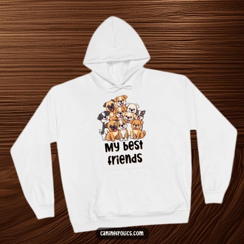Funny dog hoodie depicting a group of diverse dog breeds playfully interacting, showcasing unity and fun.