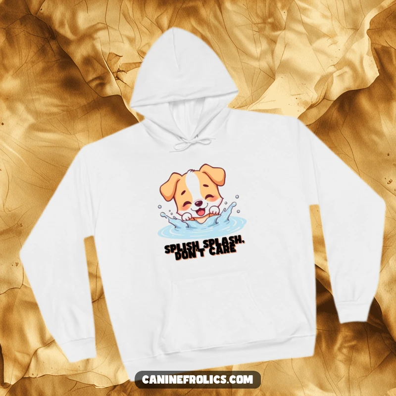 Funny dog hoodie, a cheerful dog mid-splash in a puddle, water droplets flying, embodying wet dog happiness.