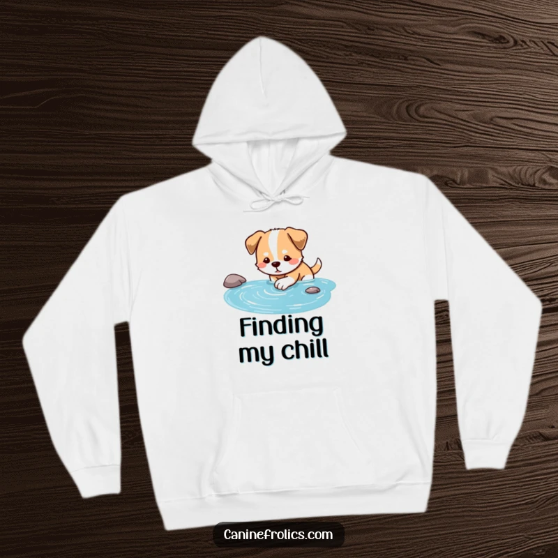 Funny dog hoodie illustration of a dog calmly dipping its paw into a clear blue stream.