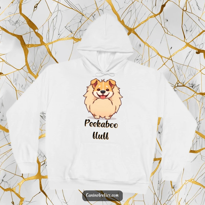Funny hoodie with a dog's comically wide smile peeking from behind its enormous, fluffy tail, showcasing immense joy.