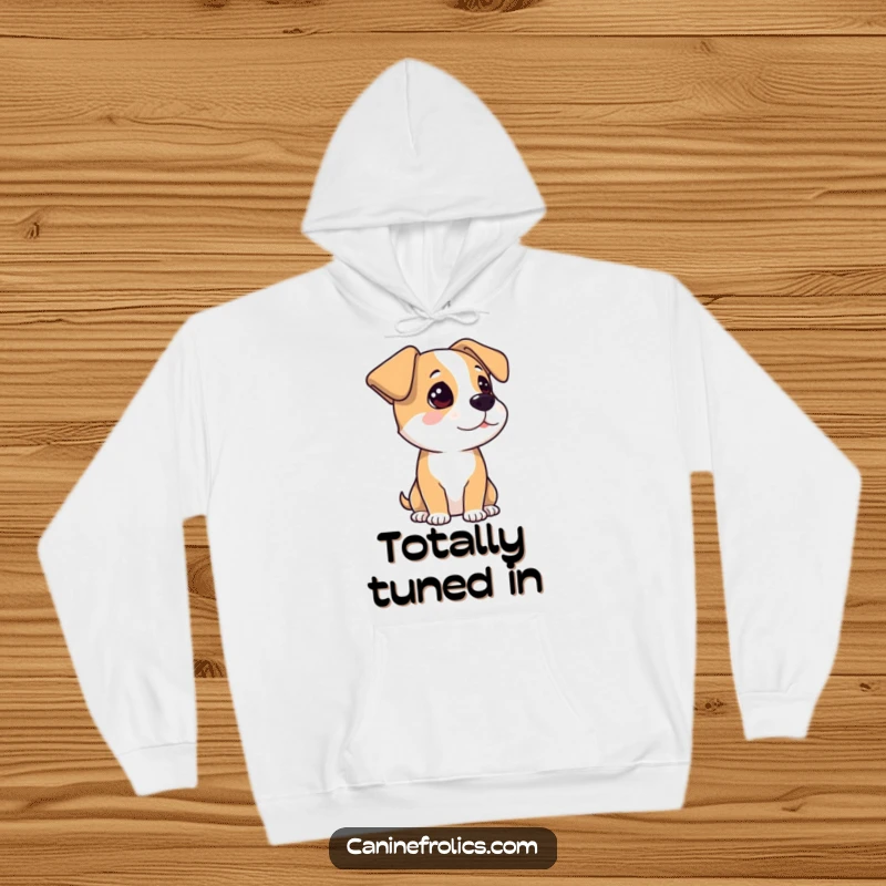 Funny Hoodie: A charming dog with its ears raised high, listening intently to every sound. A warm and humorous clothing item.