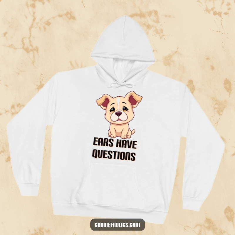 Funny hoodie with a depiction of a dog with remarkably floppy ears and a sweet, slightly confused expression, looking playfully puzzled.
