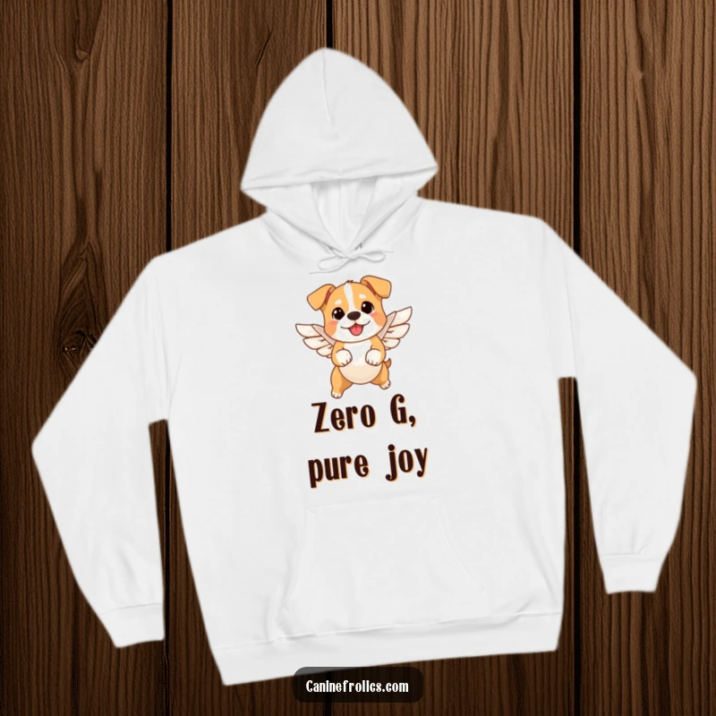Funny angel dog hoodie illustrating a small dog with tiny wings in mid-air leap, radiating pure joy and playful, heavenly vibes.