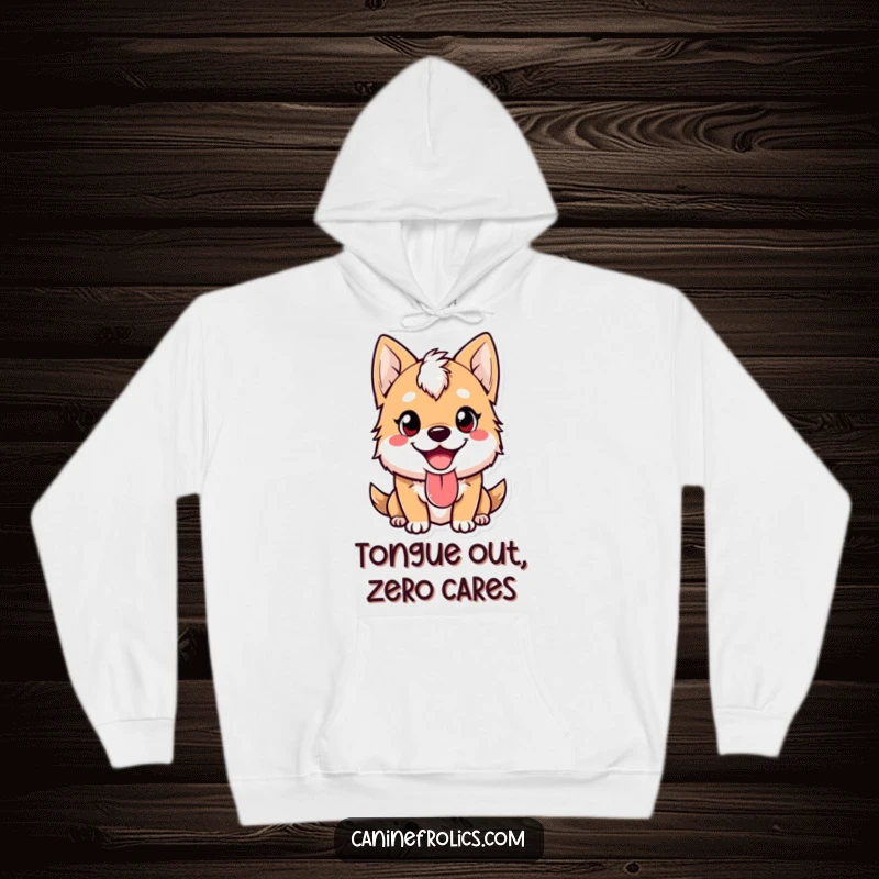 Funny dog hoodie featuring a cute canine character with a happy expression and tongue lolling out, perfect for cozying up with smiles.