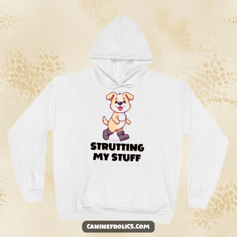 Funny dog hoodie featuring a dog in oversized boots, strutting with confidence and a determined, humorous gait.