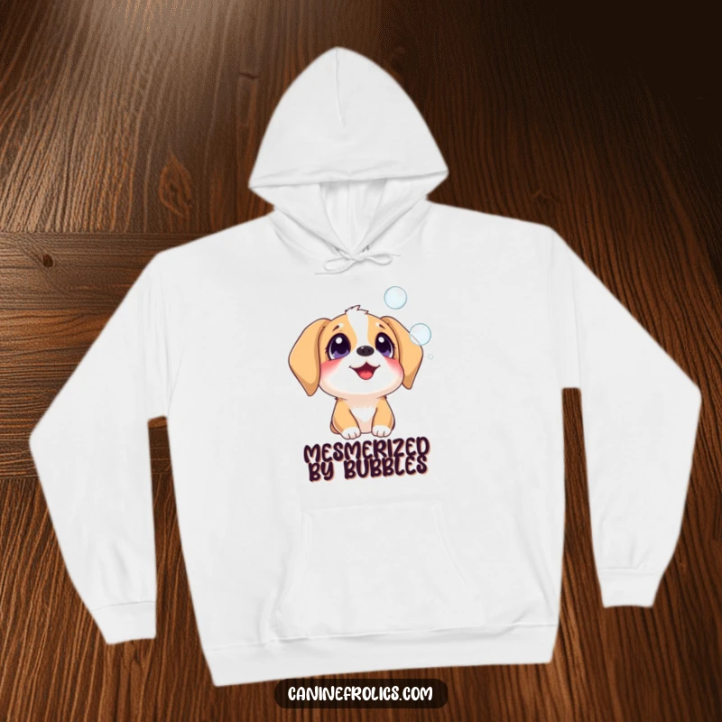 Funny dog hoodie showing a dog with wide, delighted eyes, captivated by floating bubbles, offering cozy humor and wonder.