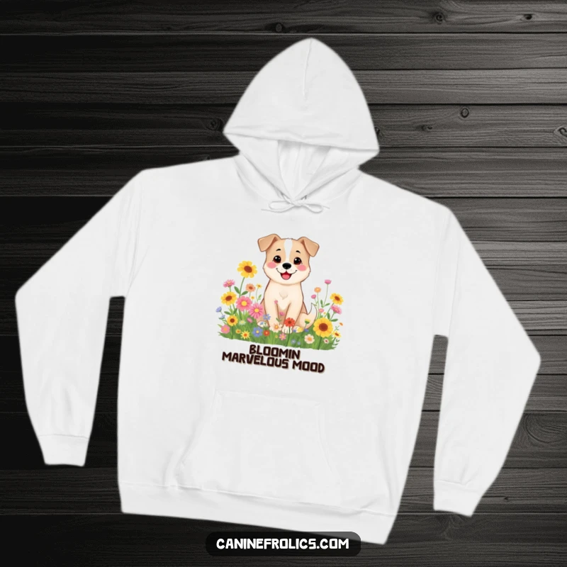 Funny Dog Hoodie: A dog character resting contentedly amidst a lush patch of colorful wildflowers, radiating peace.