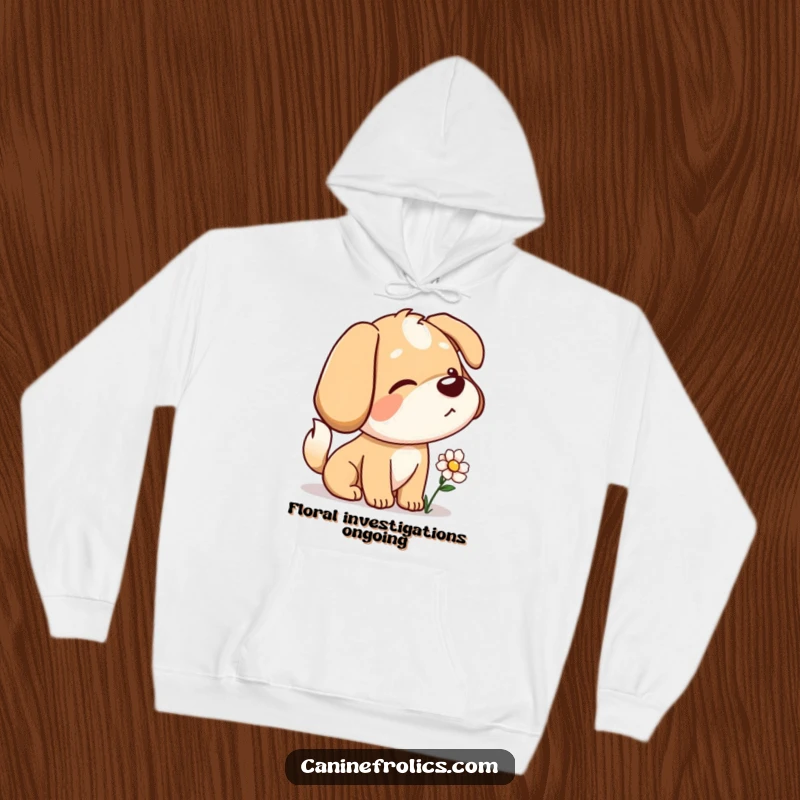 Funny hoodie depicting a dog character with a wagging tail, curiously sniffing a flower, exuding gentle exploration and warmth.