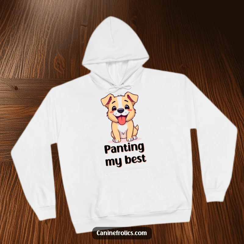 Funny hoodie with a depiction of a dog panting happily, tongue out, eyes closed in sweet contentment after a vigorous, fun activity.