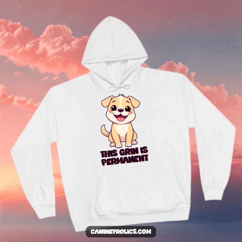 Funny hoodie showcasing a delighted dog with an ecstatic grin and a vigorously wagging tail, perfect for expressing pure happiness.