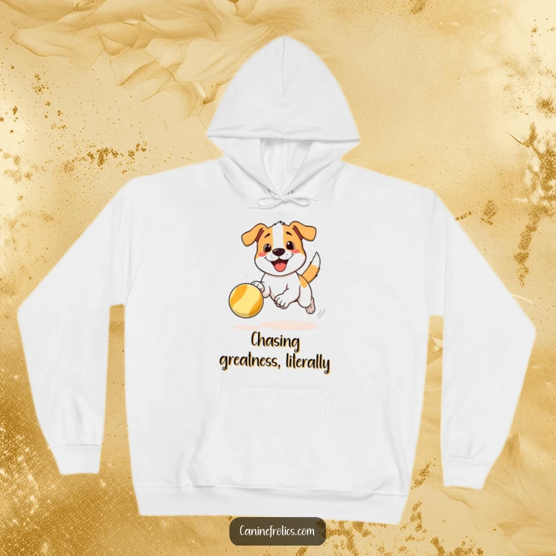 Funny hoodie showing a dog character in the act of joyfully chasing a bouncing ball, embodying playful energy and fun.