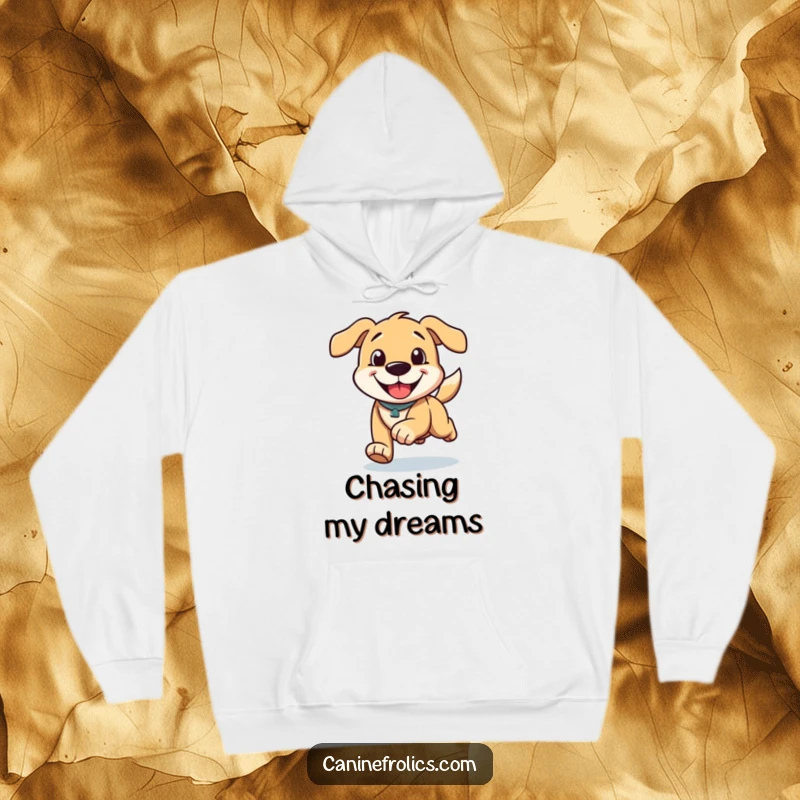 Funny hoodie featuring a dog character running with a huge happy grin and ears flowing, symbolizing joy and boundless energy.