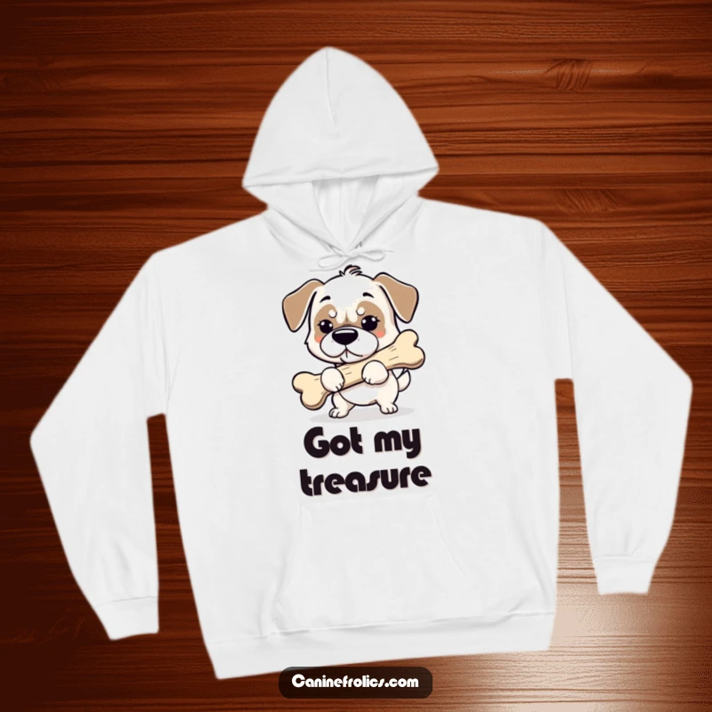 Funny dog hoodie showing a focused dog with a comically large bone, embodying determination and cozy humor.