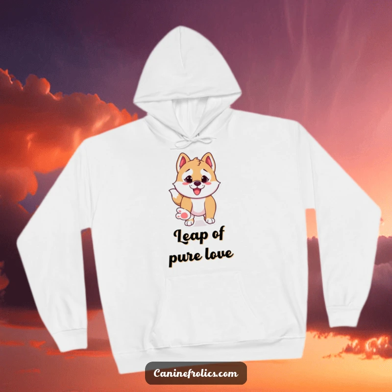 Funny hoodie illustrating a dog with paws extended, captured mid-pounce, ready for playful mischief.