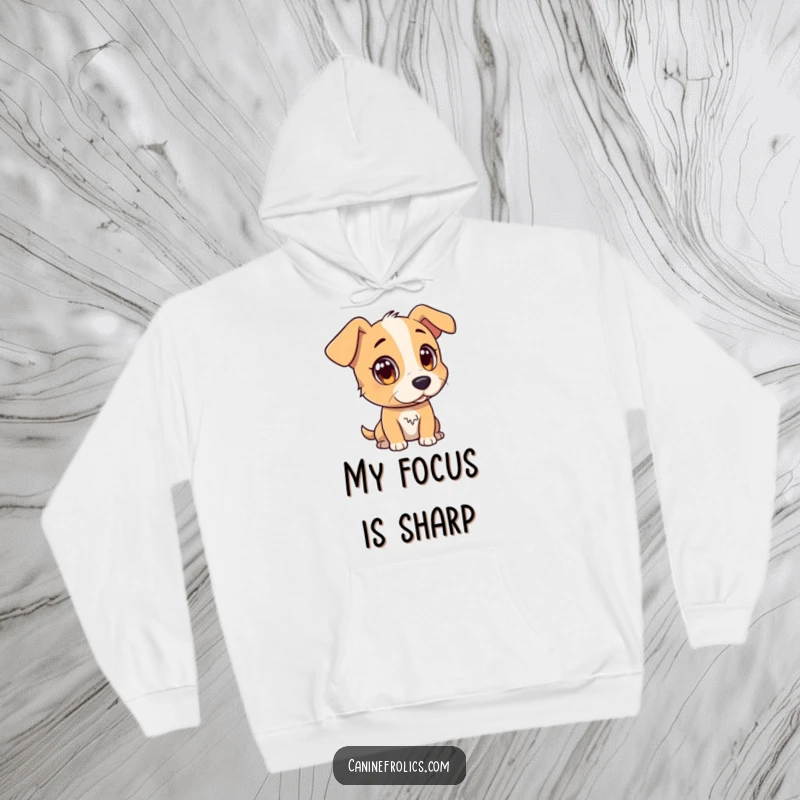Funny hoodie with a dog character exhibiting wide, attentive eyes while watching a distant, interesting object, showing intense focus.