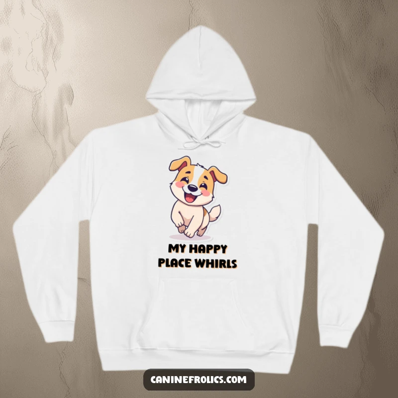 Funny hoodie with a dog character grinning and chasing its tail in a comical circle, exuding playful energy.