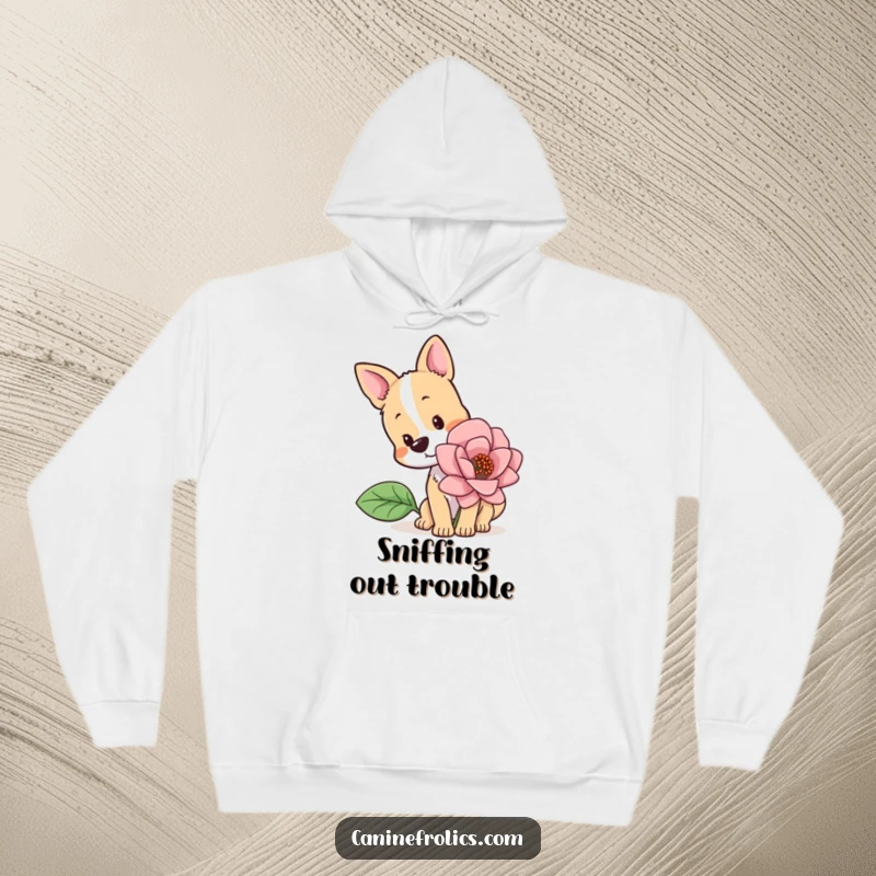 Funny hoodie featuring a dog with a curious head tilt, deeply engaged in sniffing a giant, colorful flower, radiating peaceful wonder.