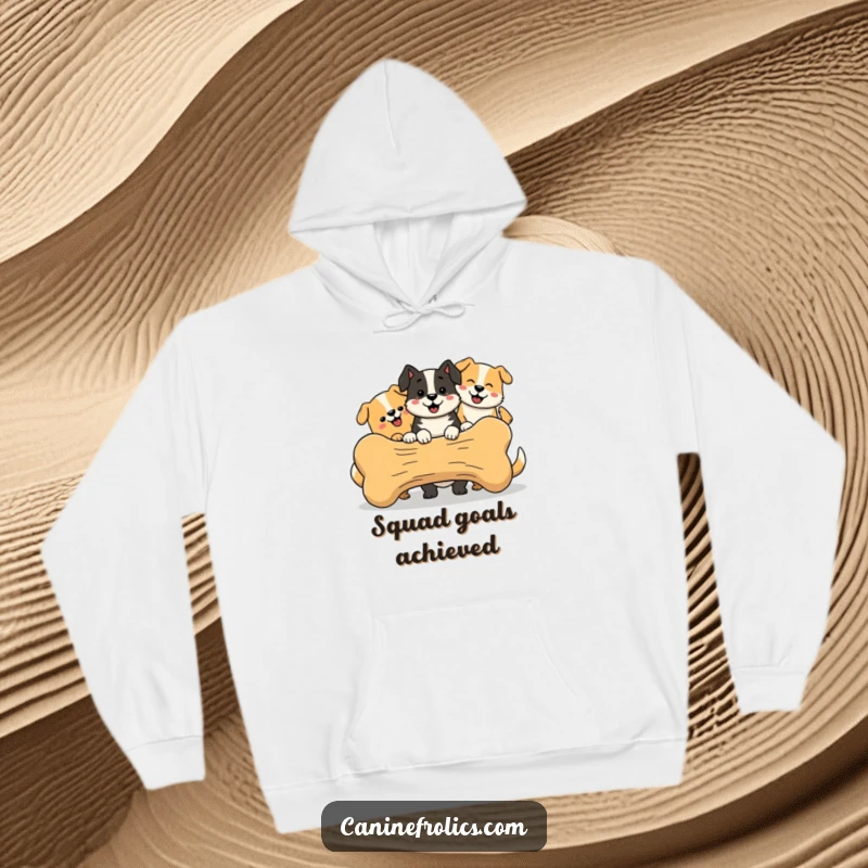 Funny Dog Hoodie, featuring a cheerful group of simplified dogs happily sharing a large bone, symbolizing unity and joy.
