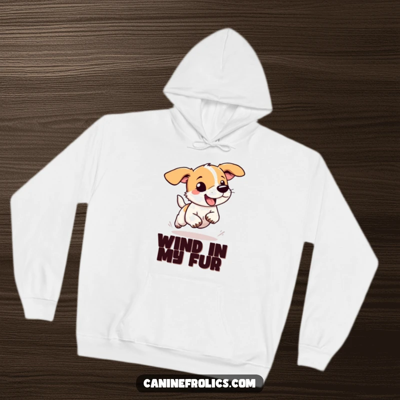 Funny dog hoodie showing a dog with floppy ears flying in the wind as it runs with complete abandon, radiating hilarious joy.