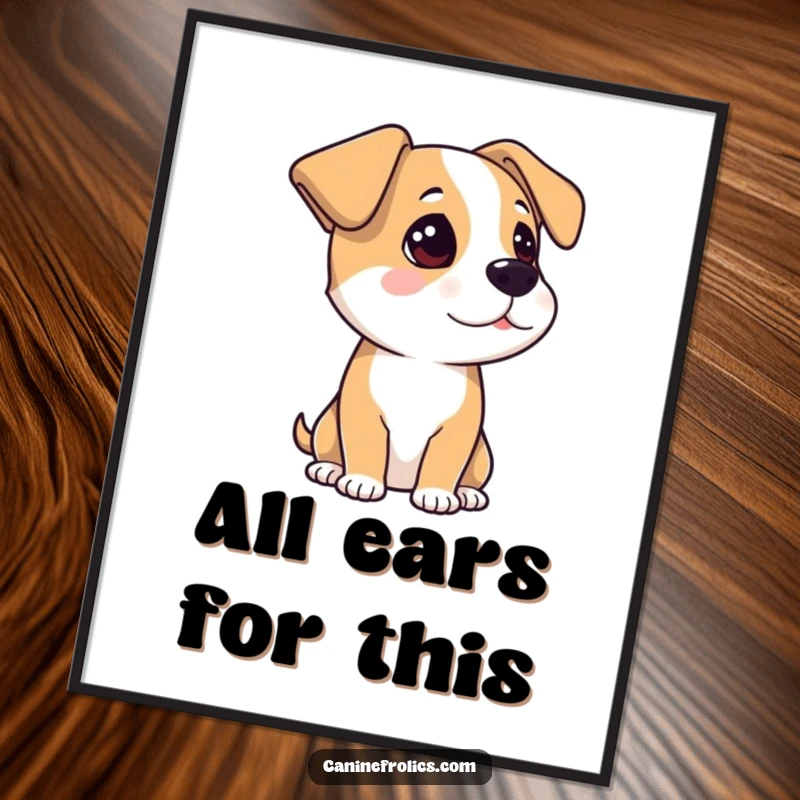 Funny Free Printable Wall Art: A dog with large, perked ears is attentively listening, perfect for a humorous touch.