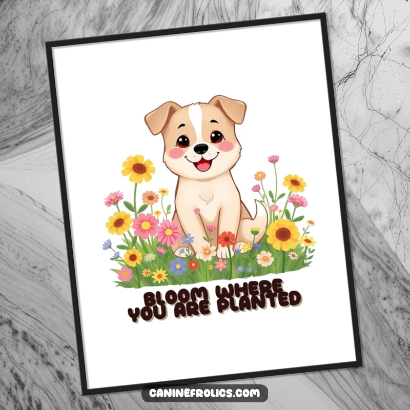 Funny Free Printable Wall Art: A dog character sits smiling amongst colorful wildflowers, bringing nature's joy to downloadable art.