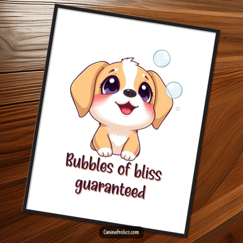 Funny Free Printable Wall Art: A dog with eyes wide in pure delight observes a stream of beautiful, floating bubbles.