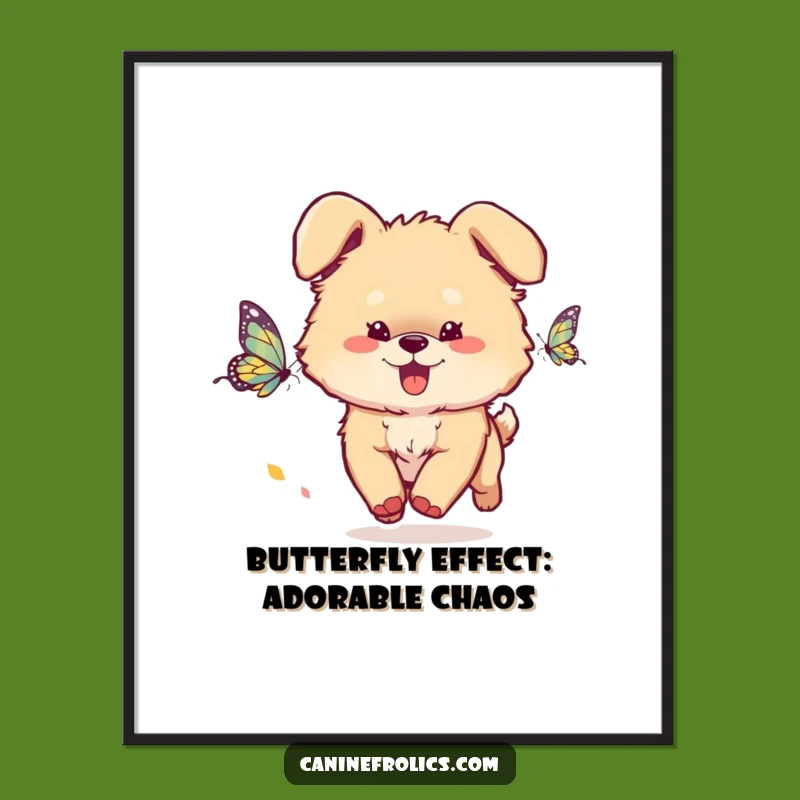 Free Printable Wall Art: Fluffy Dog Chasing Butterfly, Whimsical Downloadable Decor