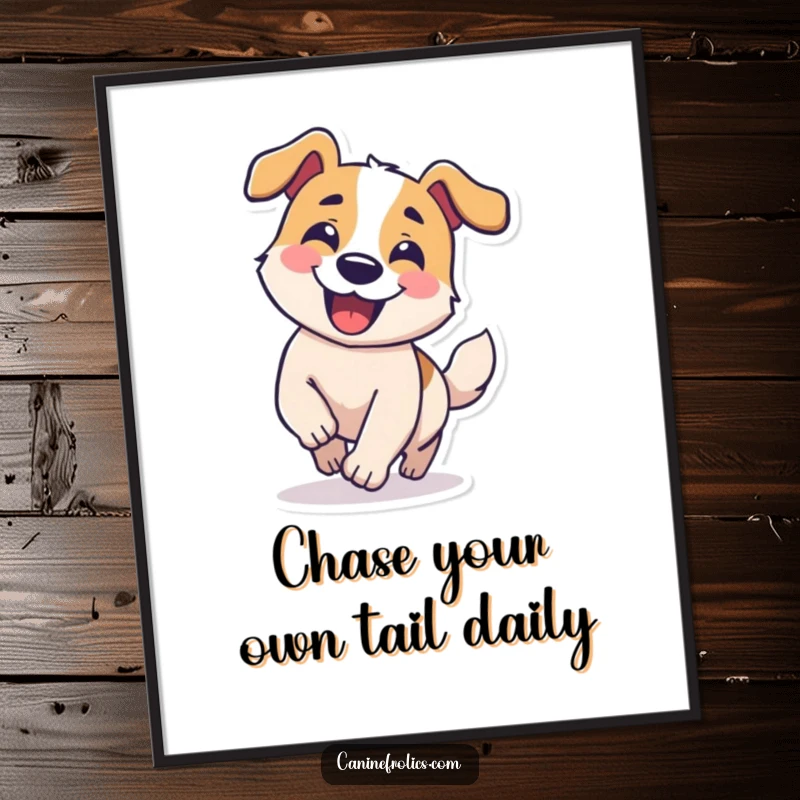 Funny Free Printable Wall Art: Dog with a cheerful grin chasing its own tail in a comical circle, full of playful energy.