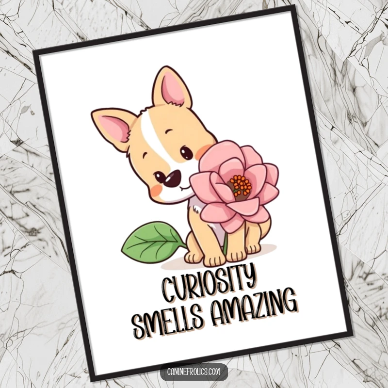 Funny Free Printable Wall Art of a dog with a curious head tilt, sniffing a massive flower in wonder.