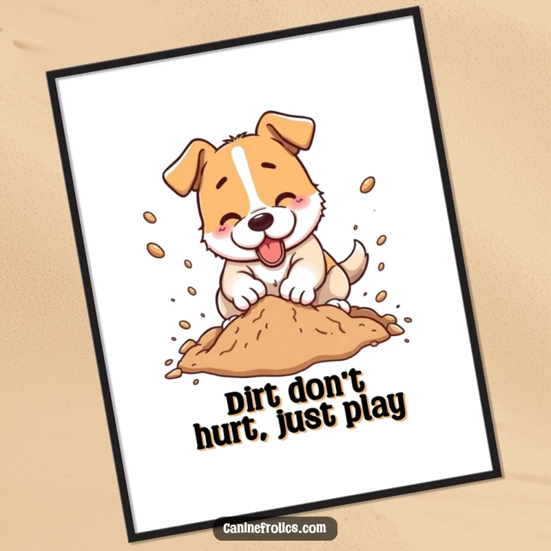 Funny Free Printable Wall Art: A dog intensely digging with dirt flying outwards, a dynamic and humorous art print.