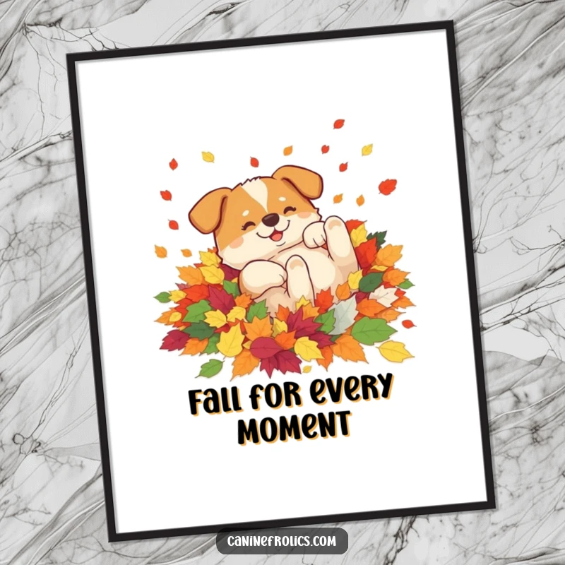 Funny free printable wall art: A dog joyfully rolling in a massive, colorful pile of autumn leaves, embracing the season.