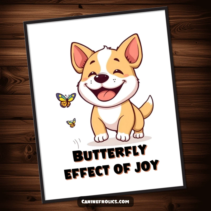 Funny Free Printable Wall Art: A dog beaming with a huge grin, playfully chasing a butterfly across a field of flowers.