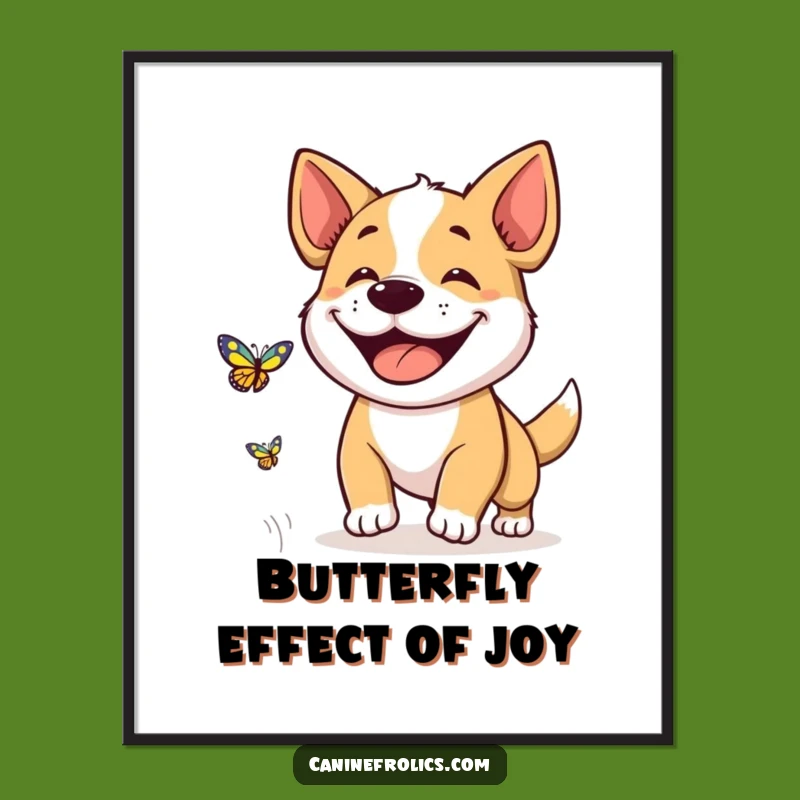 Free Printable Dog Wall Art: Grinning Pup Butterfly Chase Downloadable Decor