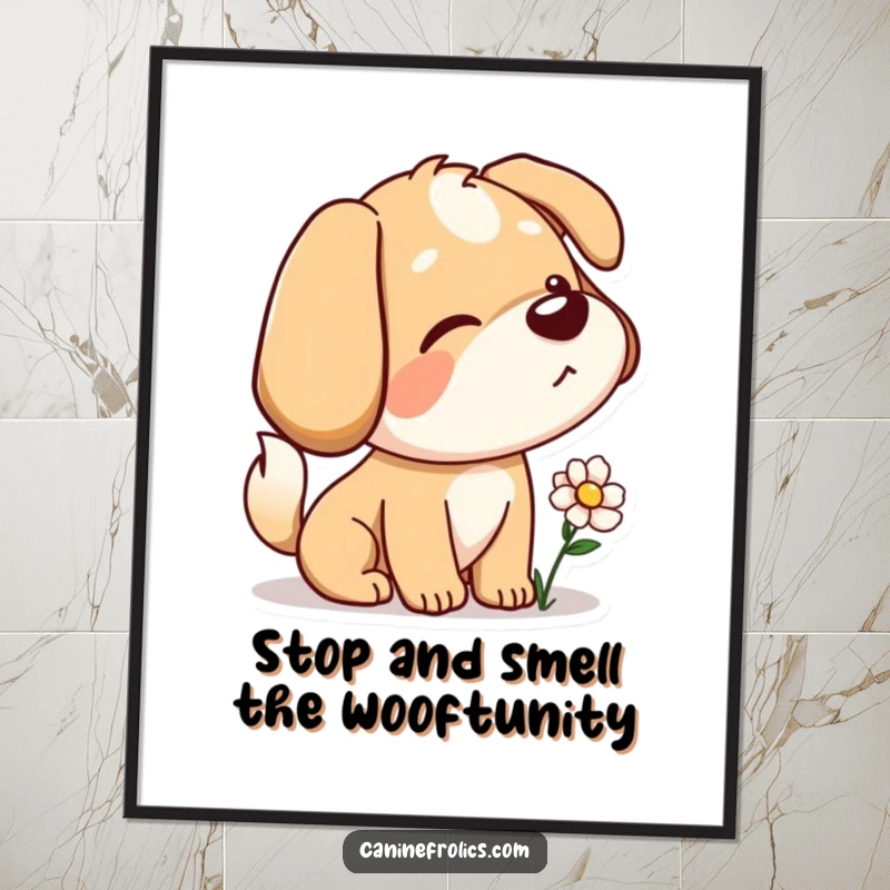 Funny Free Printable Wall Art: Dog with a wagging tail curiously sniffing a flower, engaged in botanical investigation.
