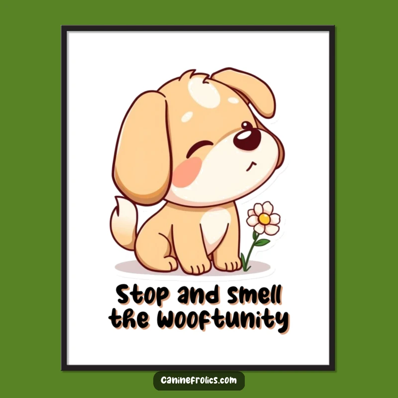 Free Printable Wall Art: Curious Dog Sniffing Flower, Funny Dog Decor Downloadable Art