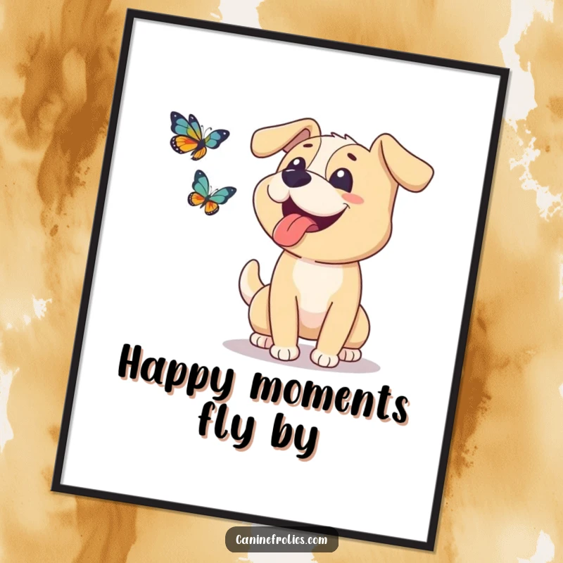 Funny Free Printable Wall Art: A dog with its tongue lolling out gazes with delight while happily chasing a colorful butterfly.