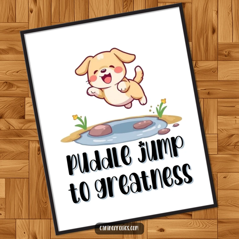 Funny Free Printable Wall Art: Dog mid-leap over a puddle, water spraying dramatically, pure joy on its face.