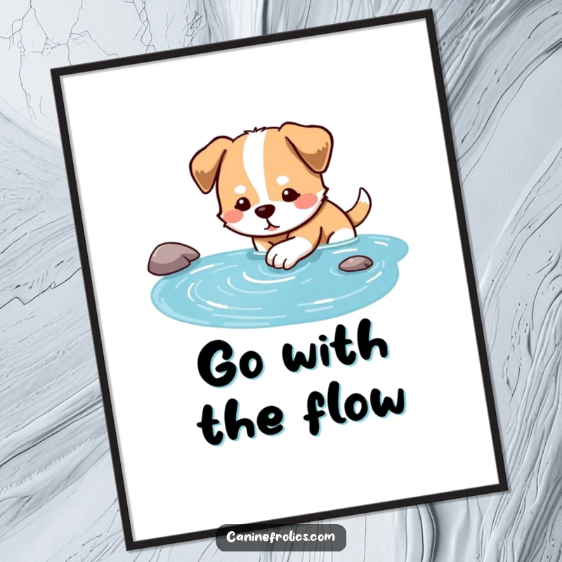 Funny Free Printable Wall Art: Dog sitting by a clear blue stream, dipping its paw in, peaceful expression.