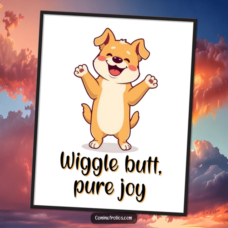 Funny Free Printable Wall Art: Animated dog doing a celebratory dance on hind legs with paws in the air.