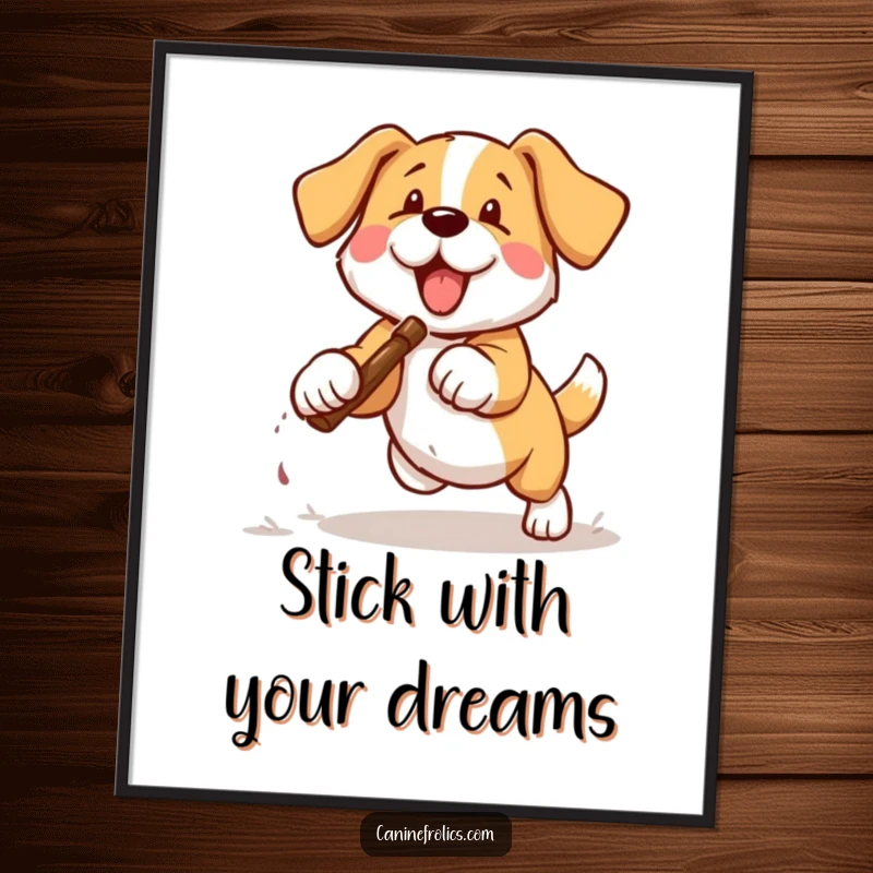 Funny Free Printable Wall Art: Energetic dog mid-air catching a stick, pure joy, vibrant cartoon style.
