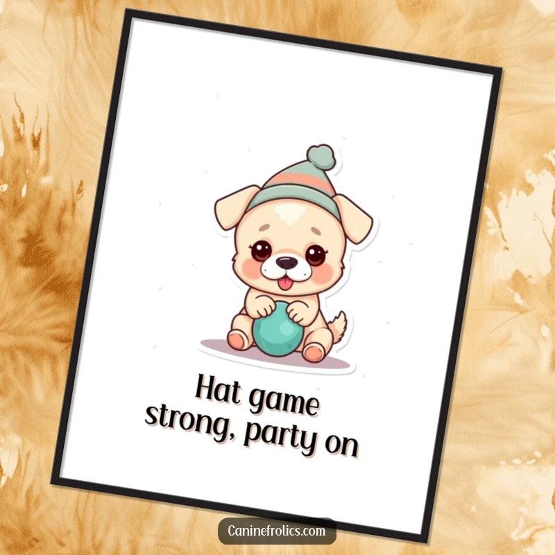 Funny Free Printable Wall Art: Cute dog wearing a small, festive hat, gleefully playing with a squeaky toy, radiating fun.