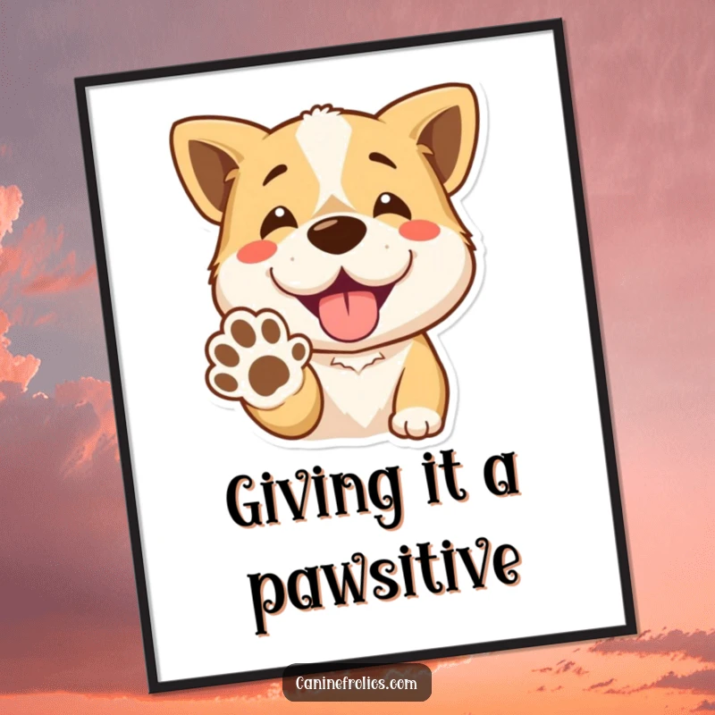 Funny Free Printable Wall Art: A dog stands with its paw extended and a wide, friendly smile, radiating joy.